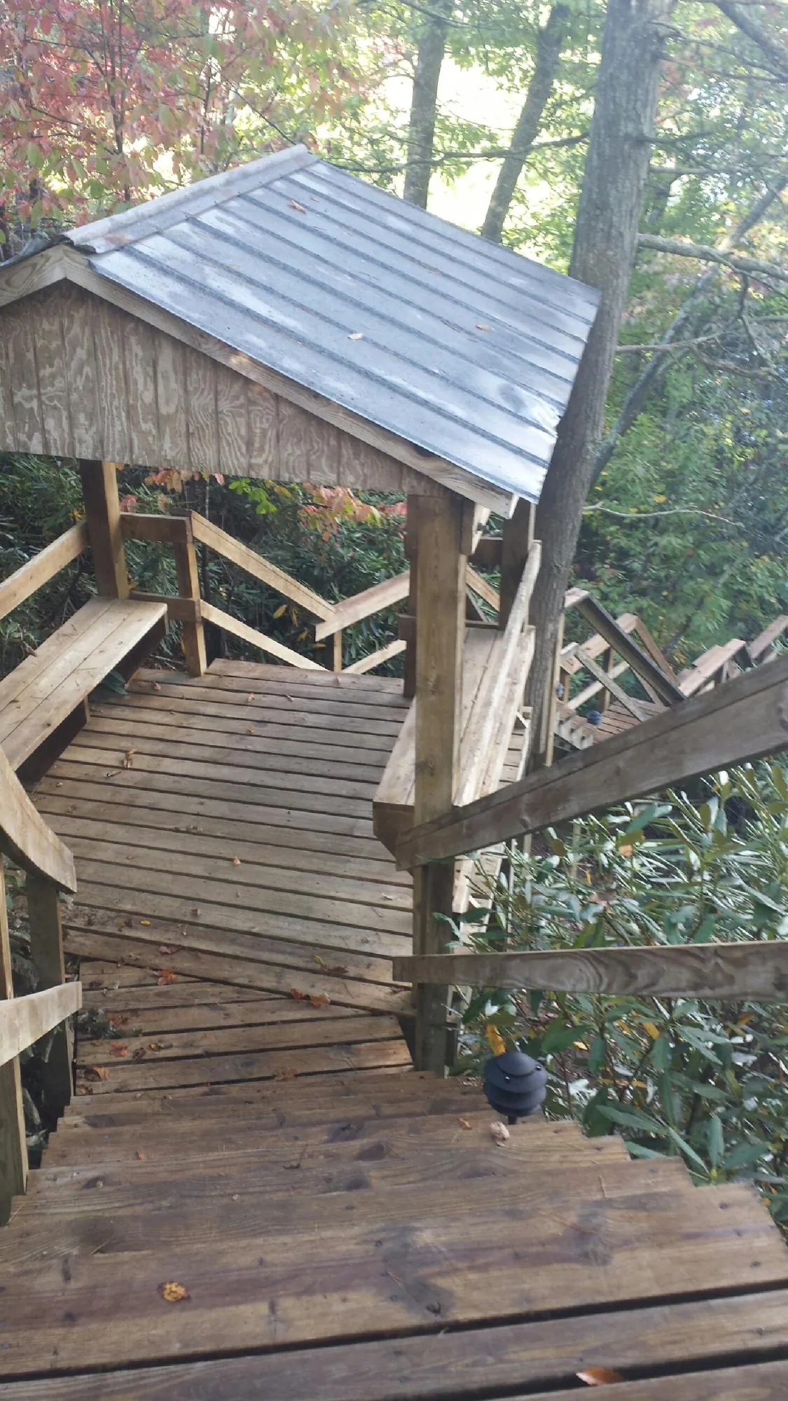 Metal roofed shelter over wooden steps on a wooded walkway — Skylight Repair & Installation work by our crew in Elliston